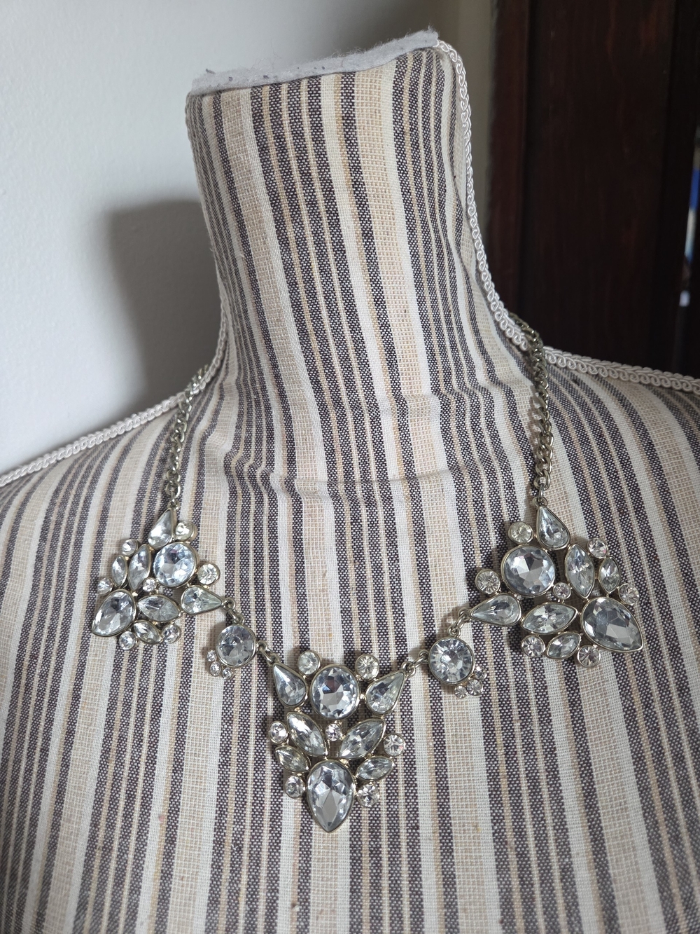 Crystal Statement Necklace - Silver Clear Rhinestone Bib